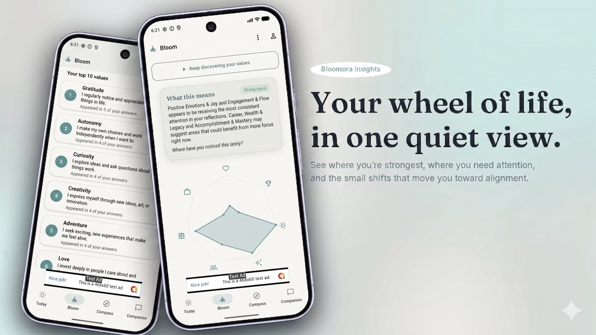 The Bloomora app showing the Life Alignment Wheel across life categories