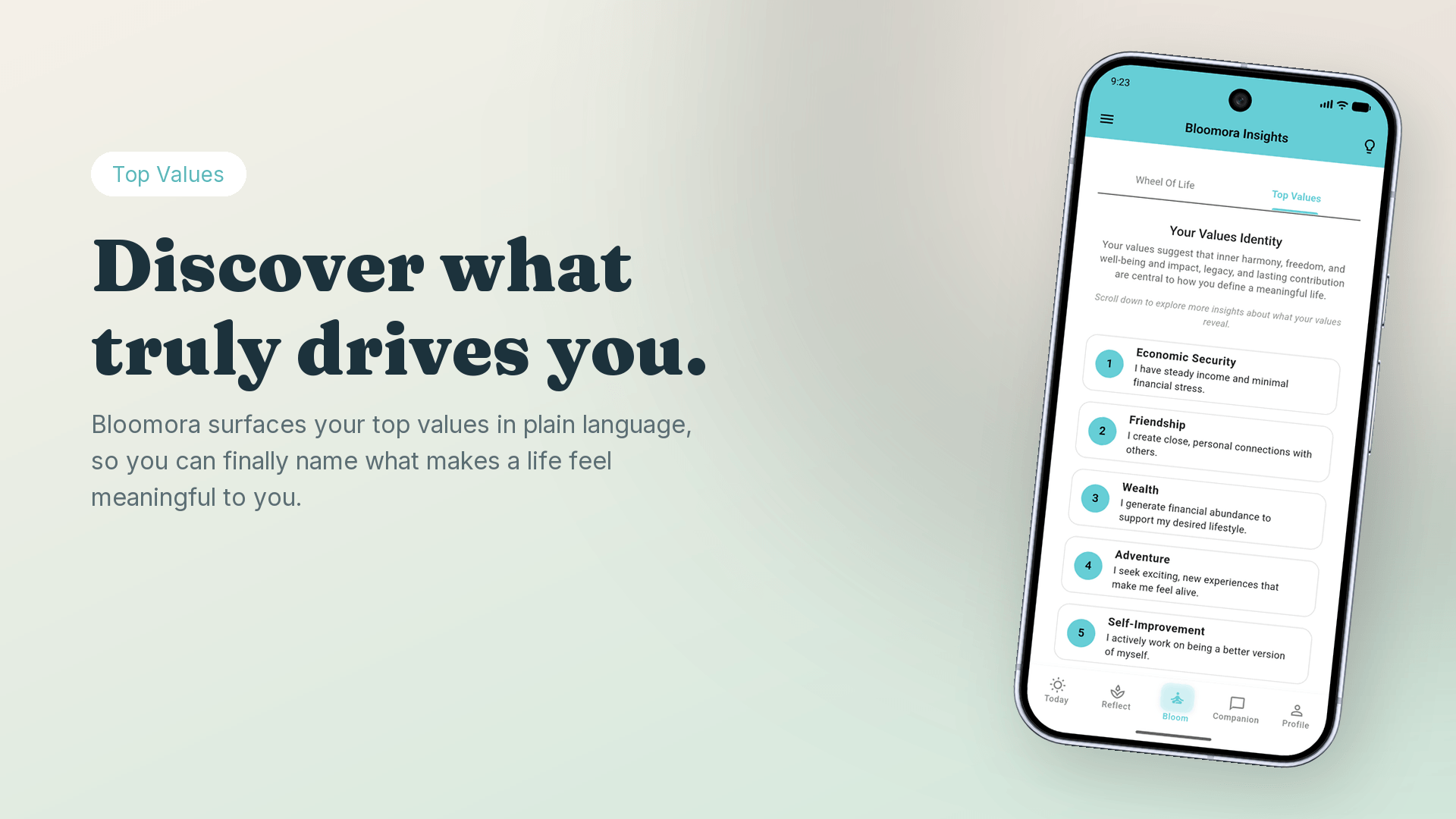 Bloomora Top Values screen — discover what truly drives your decisions