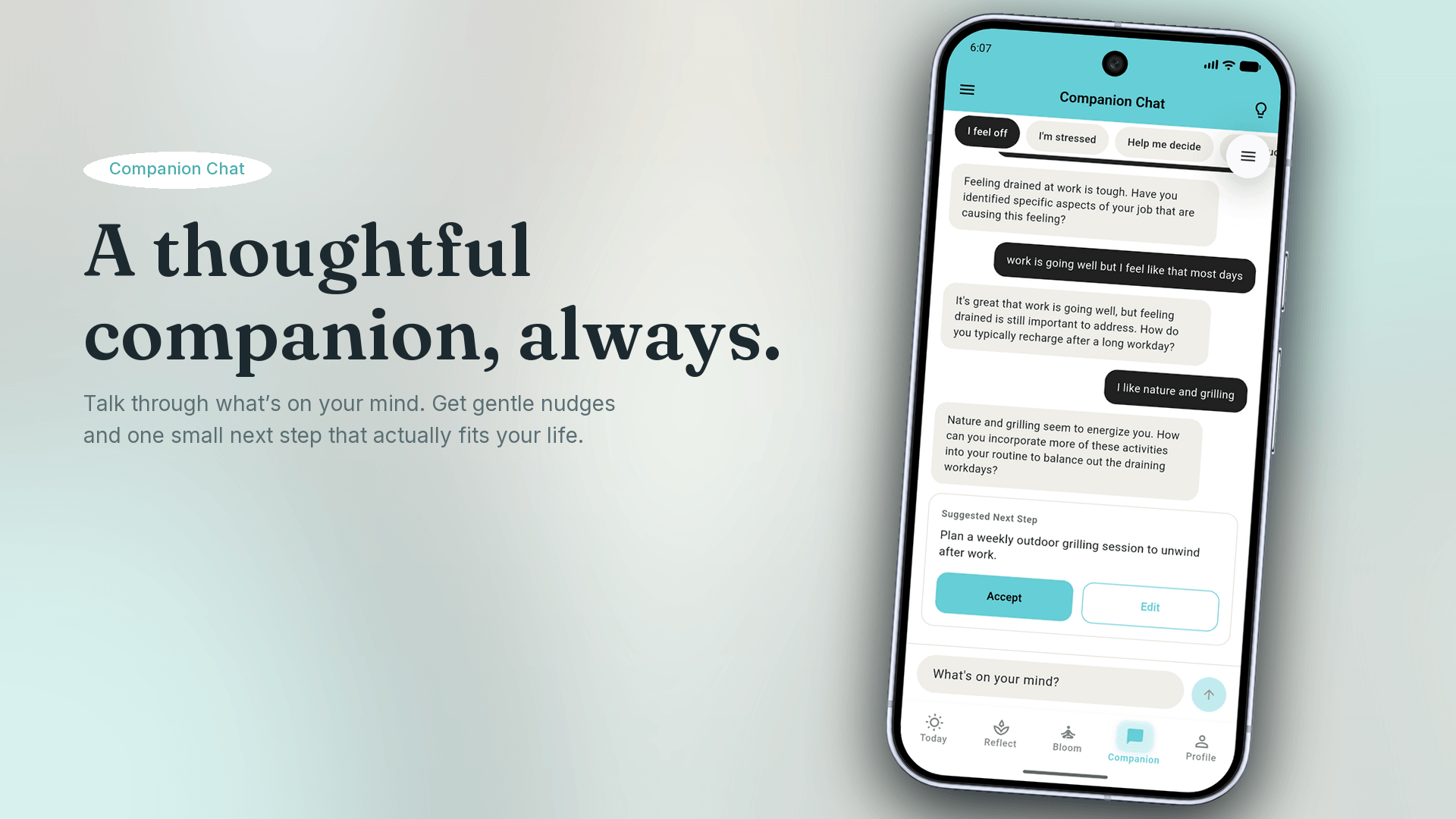 Bloomora Companion Chat — AI that knows your values and personal history
