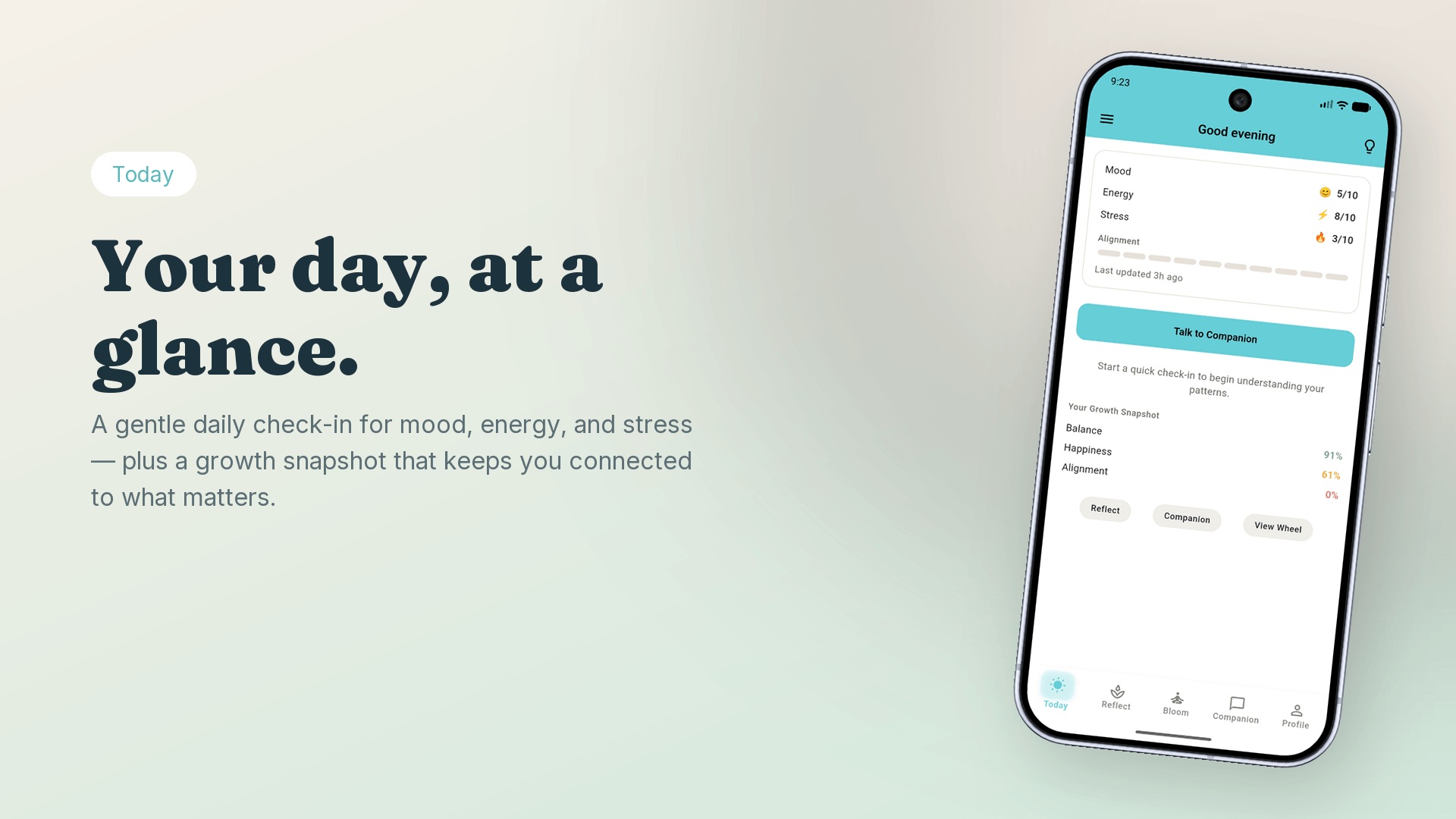 Bloomora Today screen — daily mood, energy, and stress check-in with growth snapshot